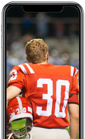 Image of a football player framed within a mobile phone.