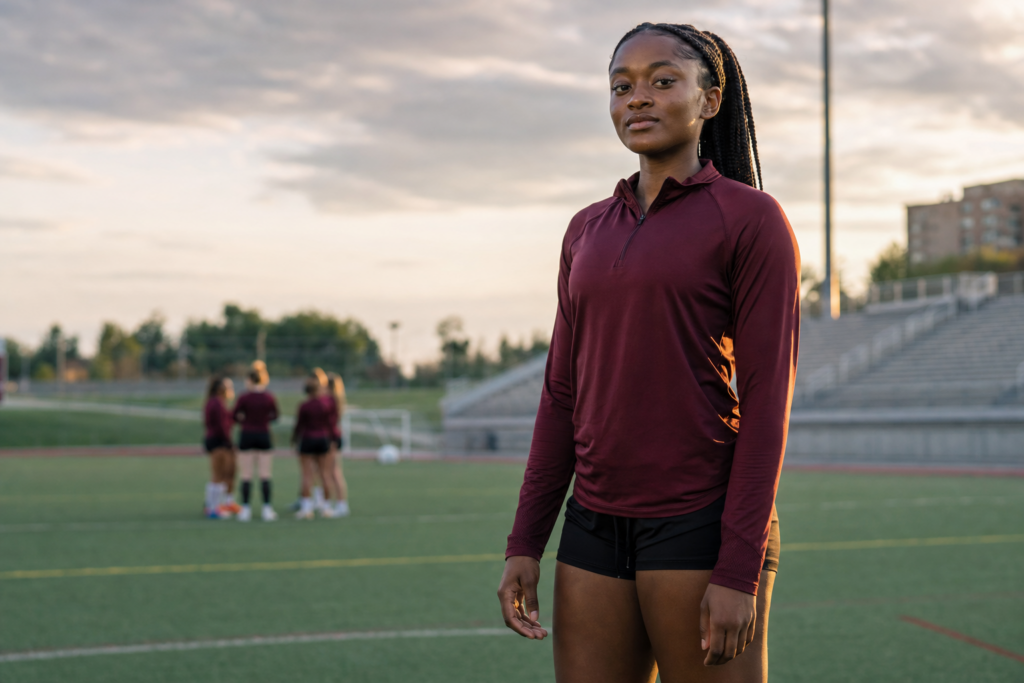 Female soccer player standing on the field at dusk with teammates behind her