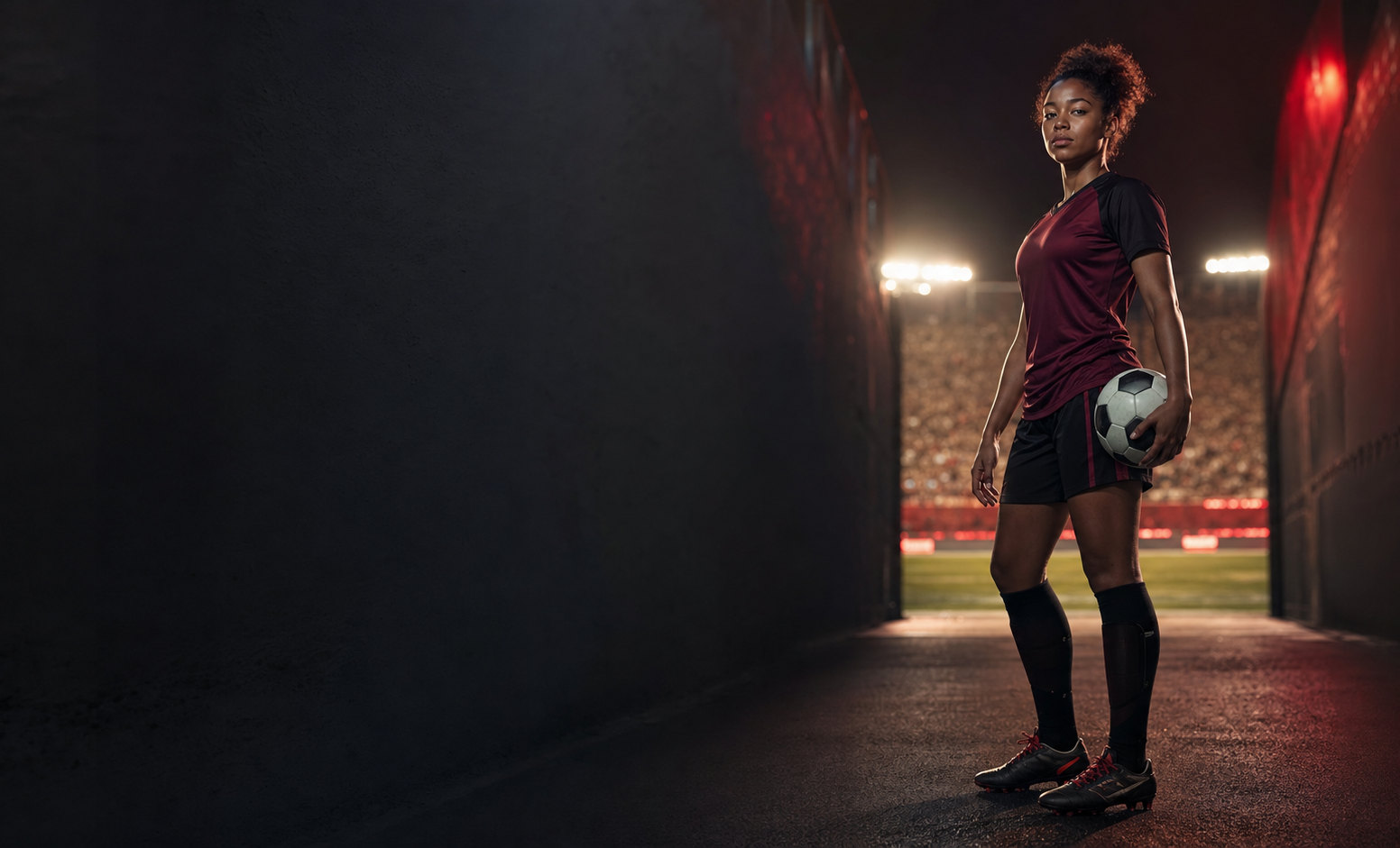 Female soccer player holding a ball in a stadium tunnel before walking out to the pitch