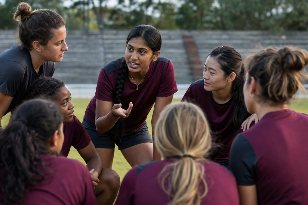 Team captain talking with teammates in a huddle