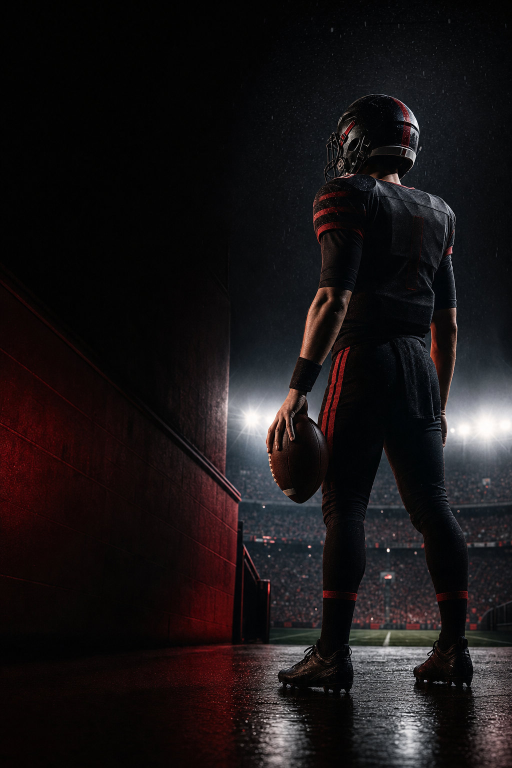 High school quarterback standing in the stadium tunnel holding a football