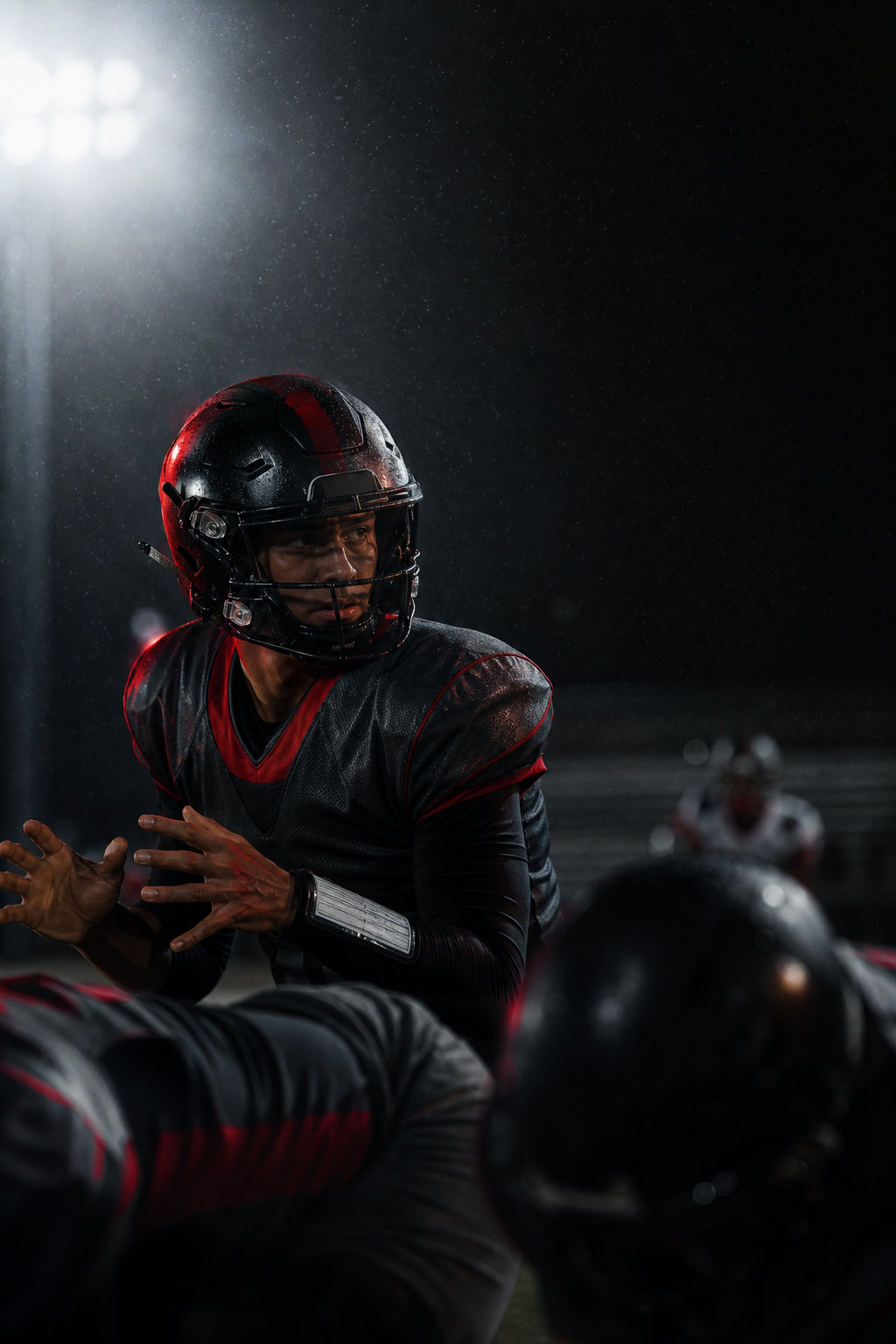 Coach talking with a quarterback on the field at sunset